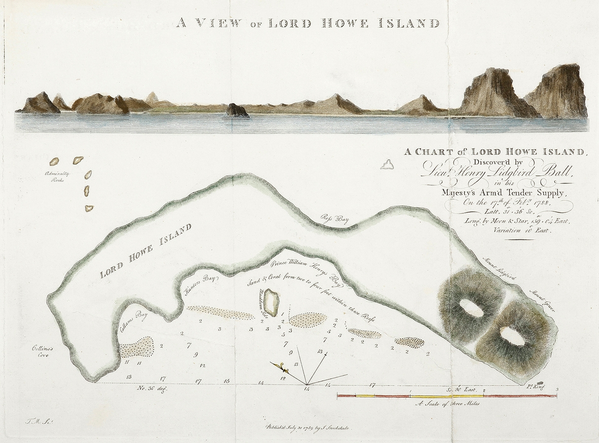 První rytá mapa a pohled na Ostrov lorda Howea vytištěná v Londýně 31. července 1789. Zpracovatel mapy: John Stockdale